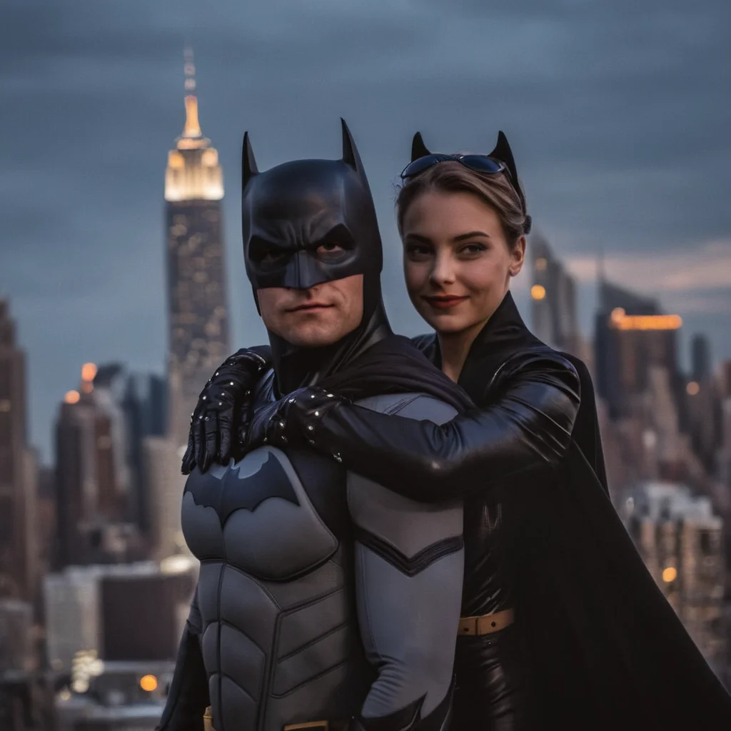 cinematic film still of <lora:perfection style:0.6>
<lora:gotham city style v2:0.8>
<lora:Chiaroscuro Lighting Style:0.6>
Gotham City a batman hugging catwoman while flying over a city at night Gotham City Style,smile,gloves,animal ears,closed mouth,male focus,boots,outdoors,multiple boys,sky,cat ears,2boys,cape,looking at another,bodysuit,mask,night,building,night sky,carrying,city,black bodysuit,black cape,princess carry,superhero,carrying person,grey bodysuit , detailed, real, different, unique, cinematic, dramatic, concept art, filmic, detailed background, detailed settings, artstation, gothic New York, gotham city style, shallow depth of field, vignette, highly detailed, high budget, bokeh, cinemascope, moody, epic, gorgeous, film grain, grainy