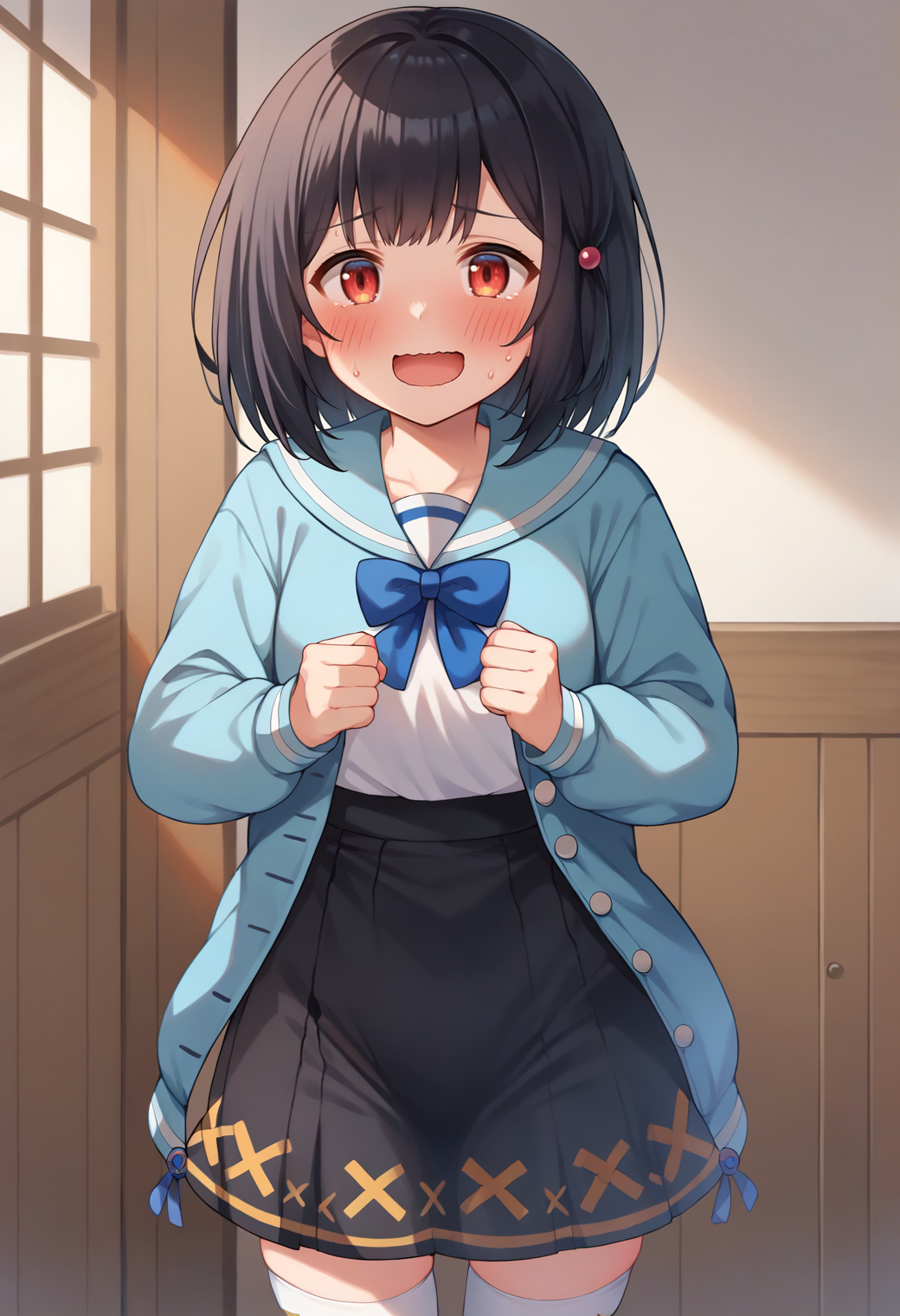 score_9, score_7_up, source_anime, 
solo, 1girl, norbikkygbf, black hair, biknorclothes, hair bobbles, blue jacket, long sleeves, sailor collar, blue bow, black skirt, white thighhighs,
looking at viewer, blush, wavy mouth, open mouth, embarrassed, smile,
<lora:_vikala_gbf-elesico-pony:1>
