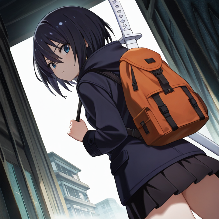 <lora:IL_Yamoto_Koki:1>,nin_sly_k,1girl,solo,Yamoto Koki,blue eyes,short hair,black hair,
hooded jacket,black miniskirt,backpack,
katana /(ubasute/),katana on back,looking back,cowboy shot,dutch angle,from below,, masterpiece,best quality,amazing quality,very aesthetic,absurdres,