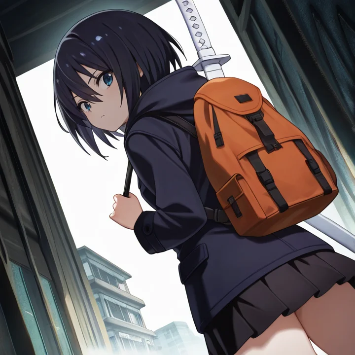 <lora:IL_Yamoto_Koki:1>,nin_sly_k,1girl,solo,Yamoto Koki,blue eyes,short hair,black hair,
hooded jacket,black miniskirt,backpack,
katana /(ubasute/),katana on back,looking back,cowboy shot,dutch angle,from below,, masterpiece,best quality,amazing quality,very aesthetic,absurdres,