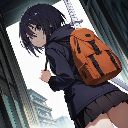 <lora:IL_Yamoto_Koki:1>,nin_sly_k,1girl,solo,Yamoto Koki,blue eyes,short hair,black hair,
hooded jacket,black miniskirt,backpack,
katana /(ubasute/),katana on back,looking back,cowboy shot,dutch angle,from below,, masterpiece,best quality,amazing quality,very aesthetic,absurdres,