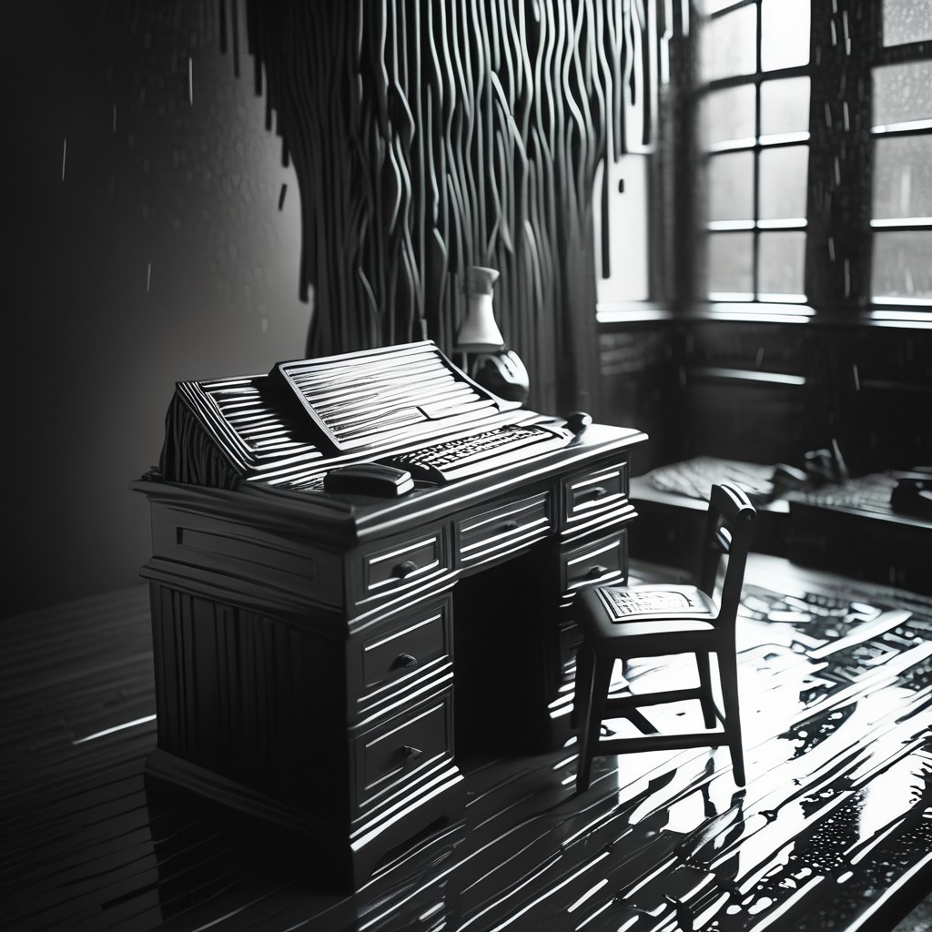 Writing desk, Raining, shallow depth of field, American Scene Painting, painterly, made out of Jed-Lcrce, <lora:LicoriceStyle-000007:1>, stunning, theatrical, set logical ambient background, romantic, sunny, ambient atmosphere, contemporary fine detail, cool colors, detailed, highly complex, creative