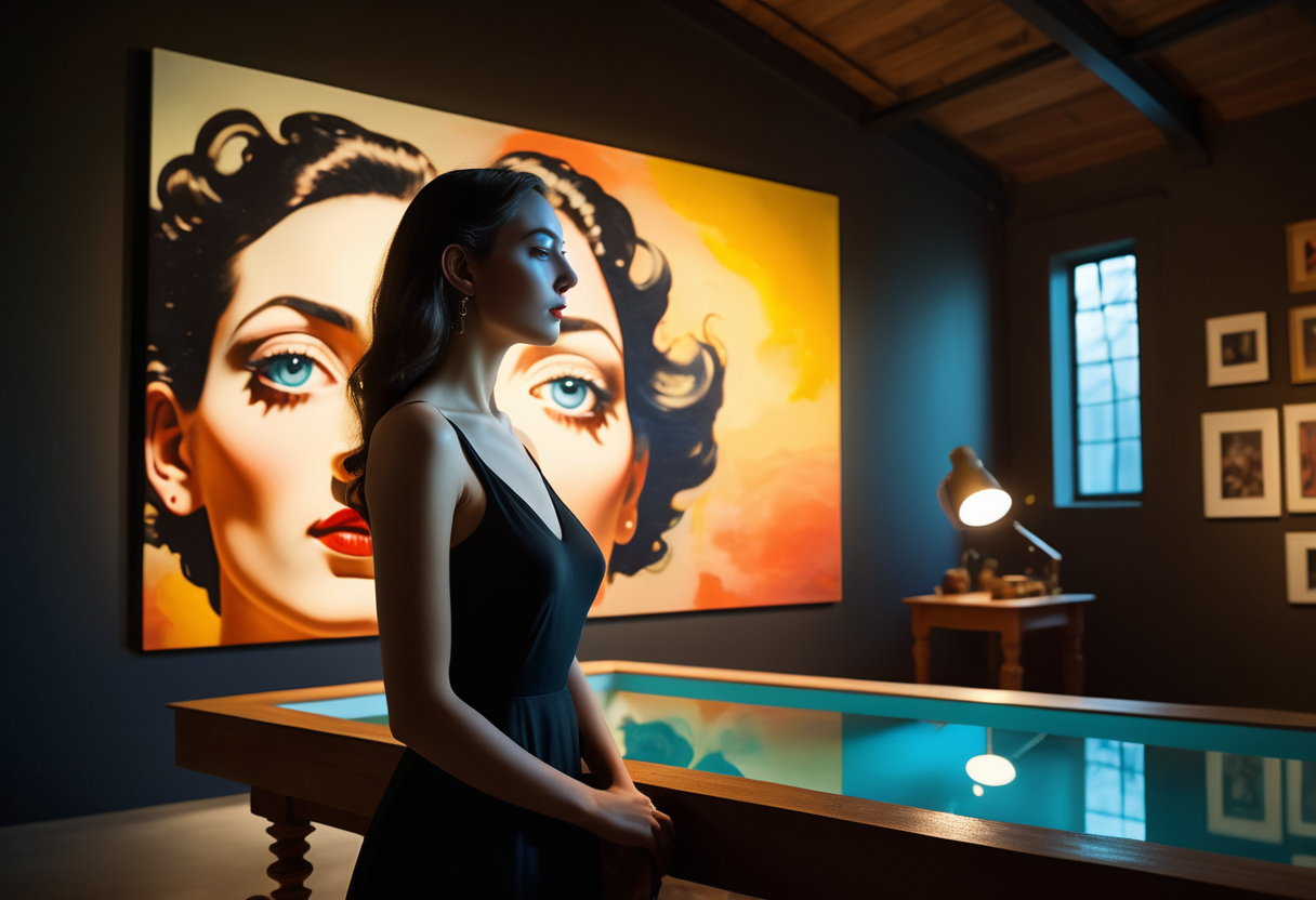 Visualize a captivating long shot of an elegantly poised woman, extremely detailed face, fully immersed in observing a surreal Salvador Dalí masterpiece in a dimly lit art studio. The studio, a haven of artistic endeavor, is filled with an eclectic collection of paintings, each whispering tales of dreams and illusions. A skylight above bathes the room in a soft, natural glow, contrasting with the vibrant neon light that casts an ethereal ambiance across the space. The woman, dressed in attire that speaks of refined taste, stands in full view, her silhouette gracefully outlined by the interplay of the neon and natural light. This scene, captured with the technical prowess of a Canon 5D Mark IV, resonates with the rich, vivid colors and fine grain texture of Kodak Ektar film, rendering every detail in stunning clarity and depth.