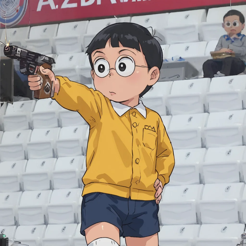 score_9, score_8_up, score_7_up, shiny oiled skin,
1boy,solo,child, nobita, round glasses,yellow shirts,white socks,black hair,bowl cut,black eyes,o3o, BLUE SHORTS,
yeji_shootingpose, holding gun, aiming, glasses, (one hand in pocket),
<lora:nobita:0.7> <lora:Concept_Kim_Yeji_-_Olympic_Summer_2024_Shooting_Pose_-_PDXL_-_V2:1>