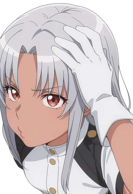Smooth Quality,masterpiece, ultra realistic,
simple background, white background,
from above,o3o,Hand on own head,
 <lora:AquaErisCnn:0.8>Aqua/Cnn, Sist/Cnn, long hair, 1girl, red eyes, dark-skinned female, uniform, grey hair, gloves,