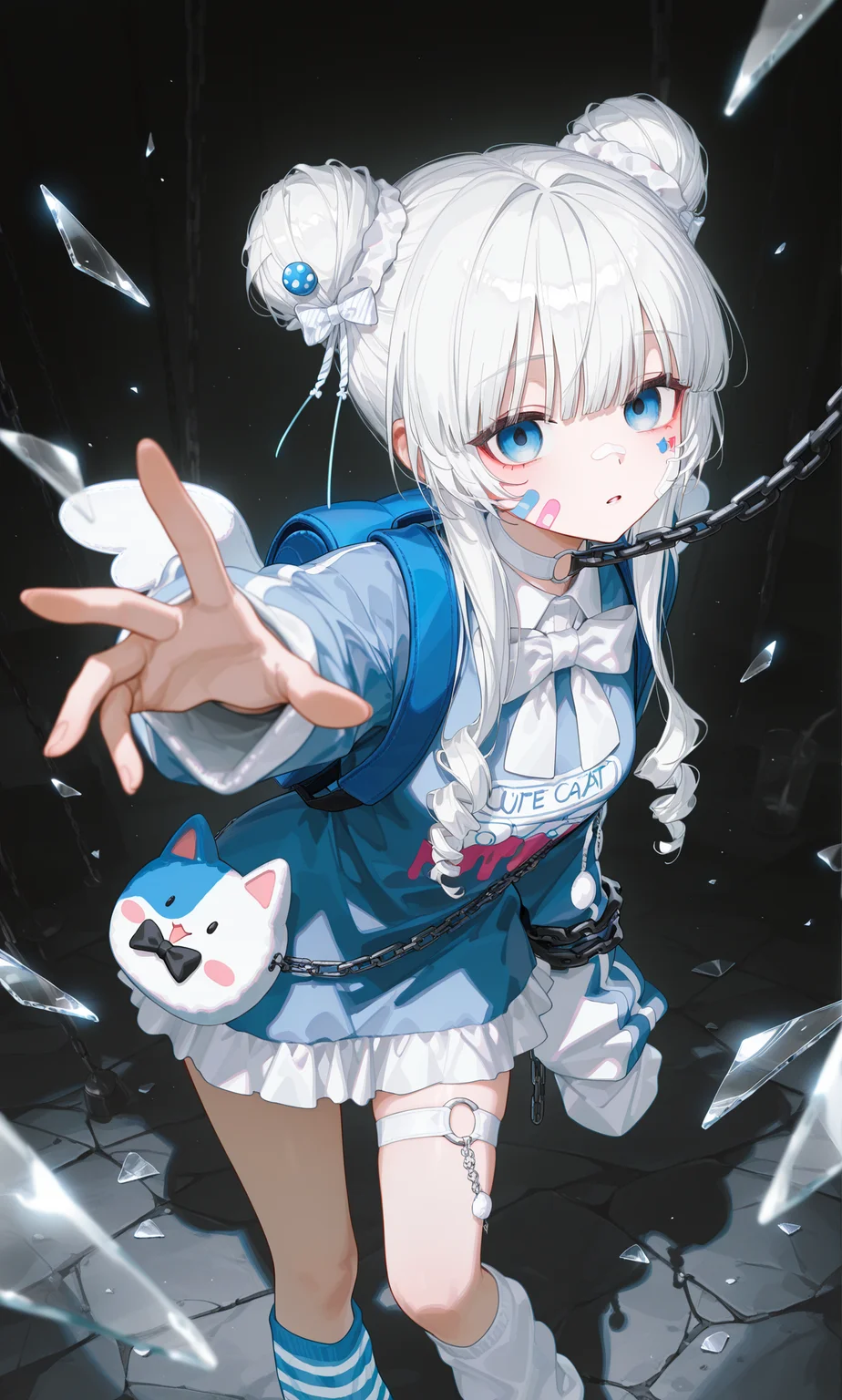 masterpiece, best quality, amazing quality, 1girl, [healthyman, wanke, ningen mame], [[[ciloranko]]], DEADCAT, white hair, double bun, short hair with long locks, ringlets, red eyeshadow, eyeshadow under eye, blue eyes, empty eyes, hair ornaments, white o-ring choker, frilled dress, blue dress, short dress, collared dress, sleeves past fingers, white bowtie, blue backpack, heart shaped bag, shoulder bag, cat bag, angel wings, white thigh strap, white leg warmers, mismatched legwear, blue-striped leg warmers, from front, black background, foreshortening, blurry foreground, standing, leaning forward, facing down, small breasts, parted lips, looking at viewer, blank stare, cowboy shot, ((chained, chain, chain around arm, glass shards)), (((reaching towards viewer, arm at side))), moonlight