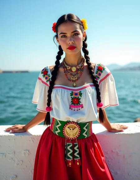 ch1n4p, traditional, Mexican folklore, full body shot, embroidery, braided hair, hair laces, ultra quality, ultra detailed, ultra realistic, ultra lighting, cinematic, vibrant photograph of a young woman standing outdoors, on a sunny day. She is dressed in a traditional Mexican costume. The outfit features a white blouse with colorful embroidery, including floral and bird designs, and a red skirt adorned with a large, intricate eagle emblem in the center. The eagle emblem is surrounded by green and white zigzag patterns. Her skirt also has a wide, green belt with a red ribbon hanging down. She wears her hair styled in two long braids, adorned with colorful ribbons and flowers. Around her neck, she has multiple strands of colorful beads and a large, ornate necklace. Her makeup is vibrant, with bright red lipstick and eye shadow. She stands confidently with her hands resting on a white, textured wall behind her. The background shows a calm body of water, likely a lake or ocean, with a clear blue sky above. The overall scene is bright and cheerful, capturing the essence of traditional Mexican culture and festive attire.