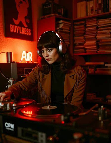 analog film photo ultra quality, ultra realistic, ultra detailed, ultra lighting, cinematic, ethereal feel, ethereal ambience, <lora:70s photo style&fashion:1> 70sphoto,stylish female DJ mid-broadcast in a cluttered late-night radio studio, reel-to-reel tapes spinning behind her, tangled cords, tall stacks of vinyls, wearing an open suede fringe jacket over a tight turtleneck, large silver headphones engulfing her 70s blowout hair, dramatic shadows cast by a low orange desk lamp, a glowing red âOn Airâ sign illuminating her profile, Canon AE-1 capture on 800-speed Fujicolor, artificial tungsten light with intentional underexposure for cinematic warmth, grainy, mysterious, alluring eyes focused on a turntable needle, retro look, retro photo . faded film, desaturated, 35mm photo, grainy, vignette, vintage, Kodachrome, Lomography, stained, highly detailed, found footage, RAW candid cinema, 16mm, color graded portra 400 film, remarkable color, ultra realistic, textured skin, remarkable detailed pupils, realistic dull skin noise, visible skin detail, skin fuzz, dry skin, shot with cinematic camera