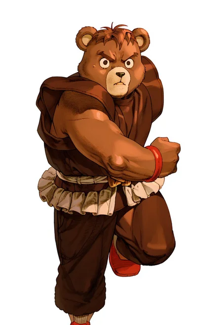 score_9, score_8, score_7, score_6, MVC2style, simple background, white background, upper body,1boy, Teddy Ruxpin, fighting stance,