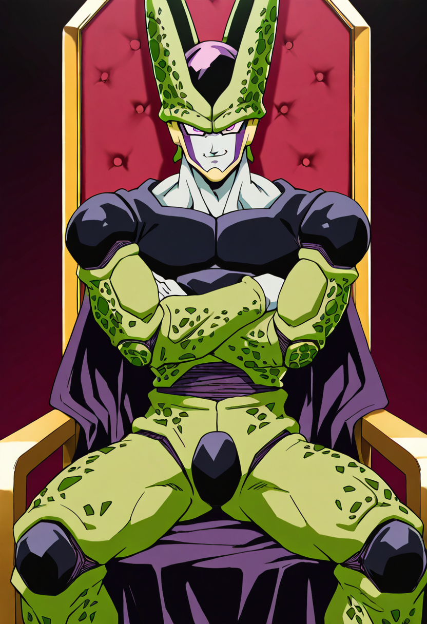 masterpiece, best quality, 1boy, solo, looking at viewer,   zzCell, pink eyes, colored skin, green skin,    <lora:CellPerfectDB_IXL:0.8>,   crossed arms, sitting on throne, golden crown, smug, ,
