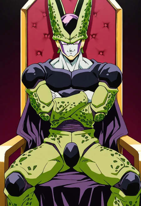 masterpiece, best quality, 1boy, solo, looking at viewer, zzCell, pink eyes, colored skin, green skin, <lora:CellPerfectDB_IXL:0.8>, crossed arms, sitting on throne, golden crown, smug, ,