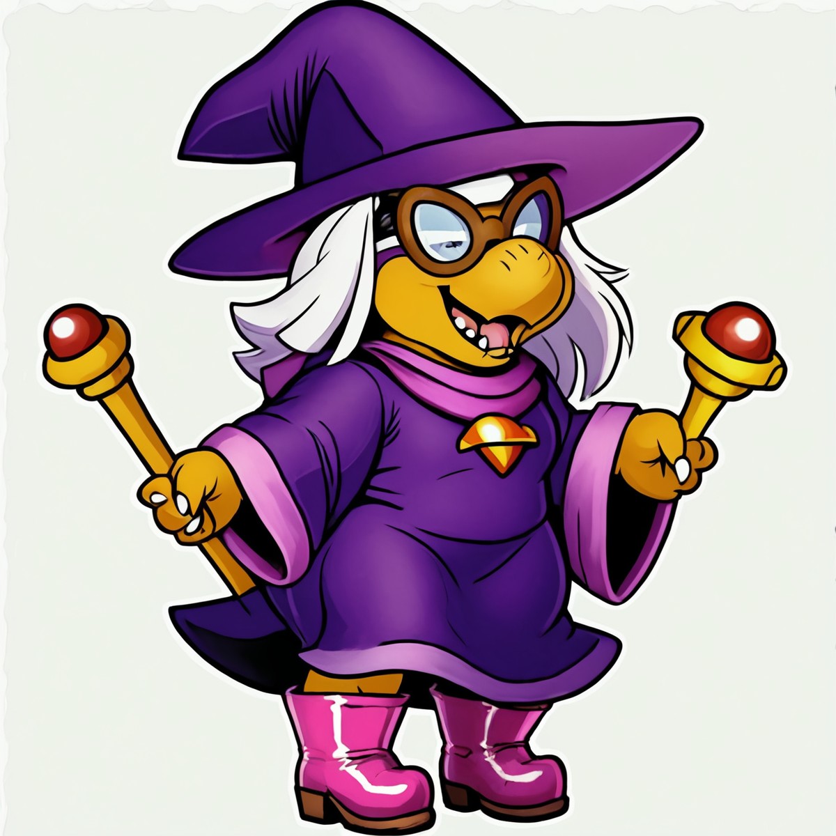 female,
<cartoon:1.5>,
<2d:1.5>,
kammy_koopa, granny_koopa, transparent background, solo, hat, witch hat,purple hat, purple robe, purple headwear, full body, white hair,  witch hat, holding, 1girl, wide sleeves, staff,boots,
<lora:Kammy_Koopa_Paper_Mario_Pony_SDXL:1> kammy_koopa <lora:90s4n1m3XLP:1> 90s4n1m3, happy,
smile,
teeth,
tongue