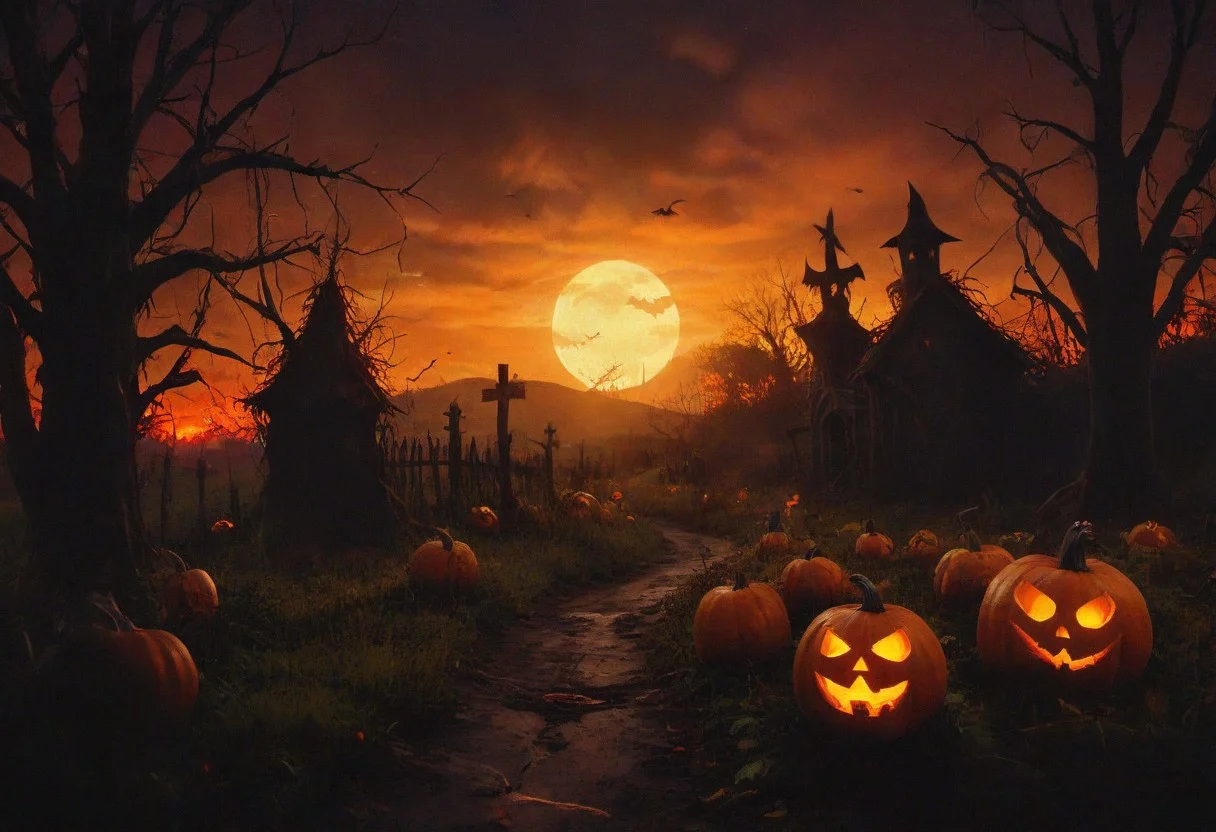 A ground-level view of the entire view is dominated by a field of haunted pumpkins in an overgrown field. Far off to one side of the image stands an eerie dilapidated scarecrow with tattered cloth and crooked limbs. The scene is completely black except for a small blood red sunset, backlighting the pumpkins, vines, broken fence, and scarecrow. The scene is haunted and ominous, with glowing yellow and orange fireflies dancing over the spooky scenery. The style is gritty and decayed, with texture and film grain, and a deep darkness blanketing and obscuring this fantasy landscape. red light contour. epiCPhoto, ltctr, halloween.