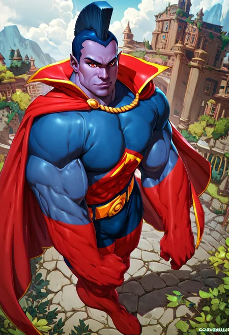 score_9, score_8_up, score_7_up, gladiator, mohawk, red cape, blue and red lycra bodysuit, long red boots, yellow symbol on the chest, yellow belt, bright red eyes, 1boy, looking at viewer, muscular, outdoors