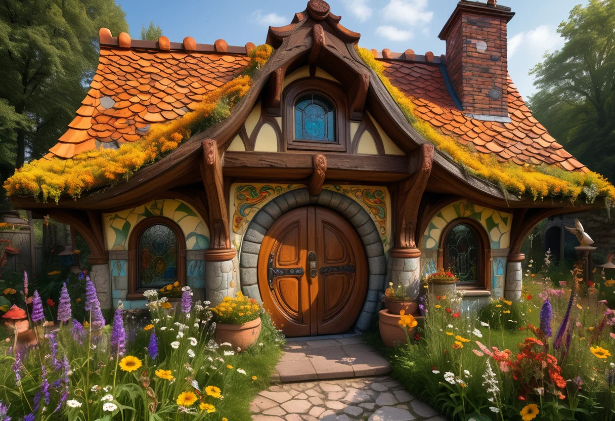 award winning, (professional photo) of (compact fantasy house) with mystical carvings, tiled roof with dragon scales, Brick walls, stained glass windows with mythical scenes, arched wooden door with golden handle, wooden beams animal carvings, magical forge crystal statues, located in a colorful meadow, featuring a variety of wildflowers, buzzing insects, playful birds, a lively environment, , creative, beautiful, vibrant, masterpiece, 64k, UHD, HDR, full view, atmospheric lighting, extremely detailed