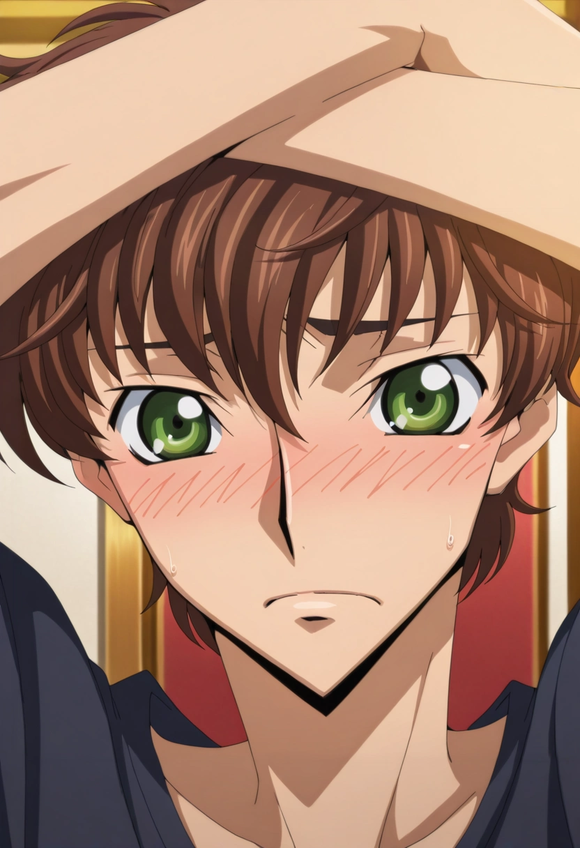 masterpiece, best quality, , anime screencap, anime coloring, official style, looking at viewer, 1boy, solo, male focus, <lora:suzaku_kururugi_ilxl:0.96>, suzaku_kururugi, brown hair, green eyes, , close-up, sahara desert, indoors, light, arms up, embarrassed, nose blush,