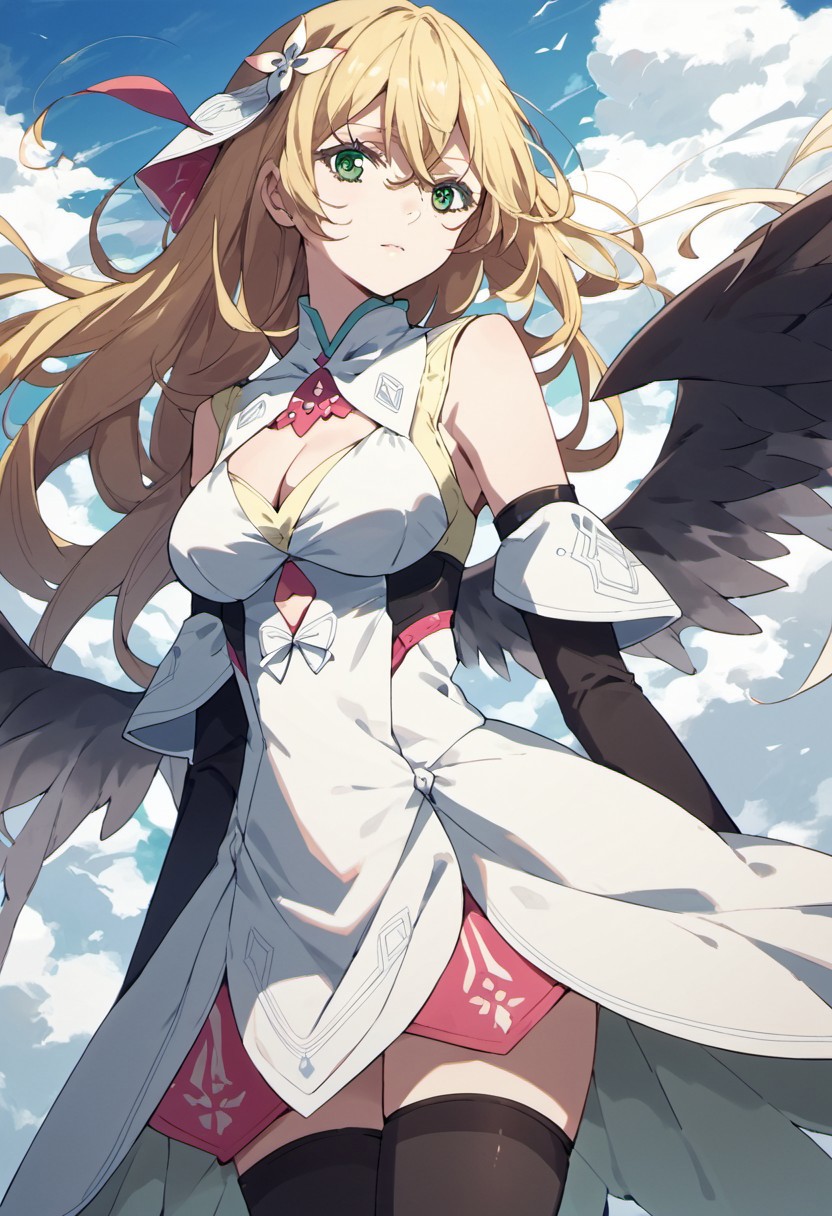 score_9, score_8_up, score_7_up, source_anime, rinne, long hair, blonde hair, green eyes, 1girl, solo, thighhighs, wings, cleavage, cloud, dress, clothing cutout, black thighhighs, cleavage cutout, sky, hair ornament
