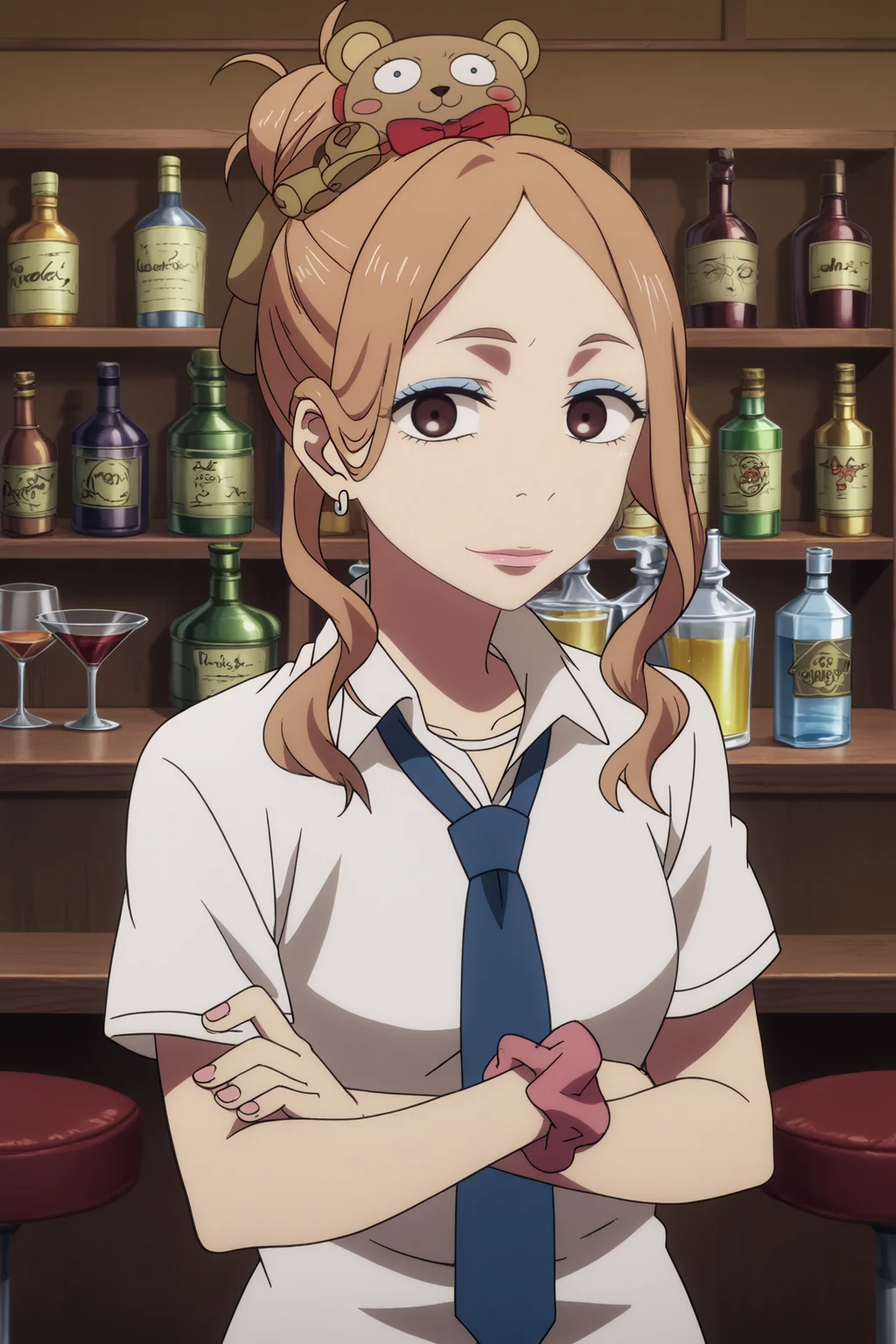 mayu arita,1girl,solo,jewelry,earrings, mole under mouth,mole,necktie,shirt,blue necktie,white shirt,makeup, looking_at_viewer, lipstick, single hair bun,school uniform,wrist scrunchie,scrunchie,smile crossed arms, BREAK indoors,bar with alcohol,bar,purple light,gothic_architecture, low light <lora:Mayu_Arita_-_Death_Parade.safetensors:1> <lora:detailed_backgrounds_v2.safetensors:0.6>,