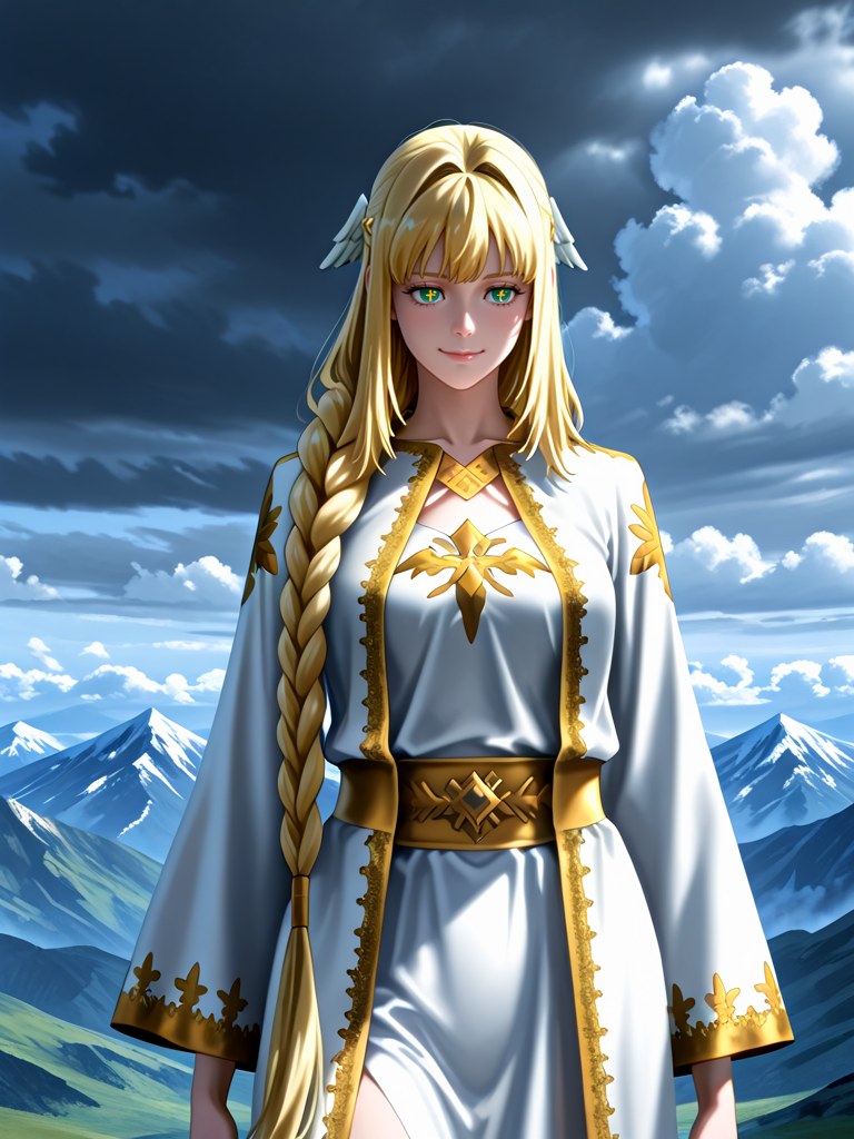 masterpiece,high quality,highres,absurdres,(<lora:Dolores Quovadis22:1>,1 girl,solo,long hair straight hair,blonde hair,thick braid,long braid,straight fringe,wing hair ornament,green eyes,cross pupils || Dolores_Quovadis_ceremonial,white ceremonial dress,long robe,gold embroidery,golden trim,wide sleeves,high waist sash),seductive smile,cute face,
storm clouds forming above a distant mountain, a woman standing strong against the wind.,
<lora:Half_Art_Style_IL:1>,