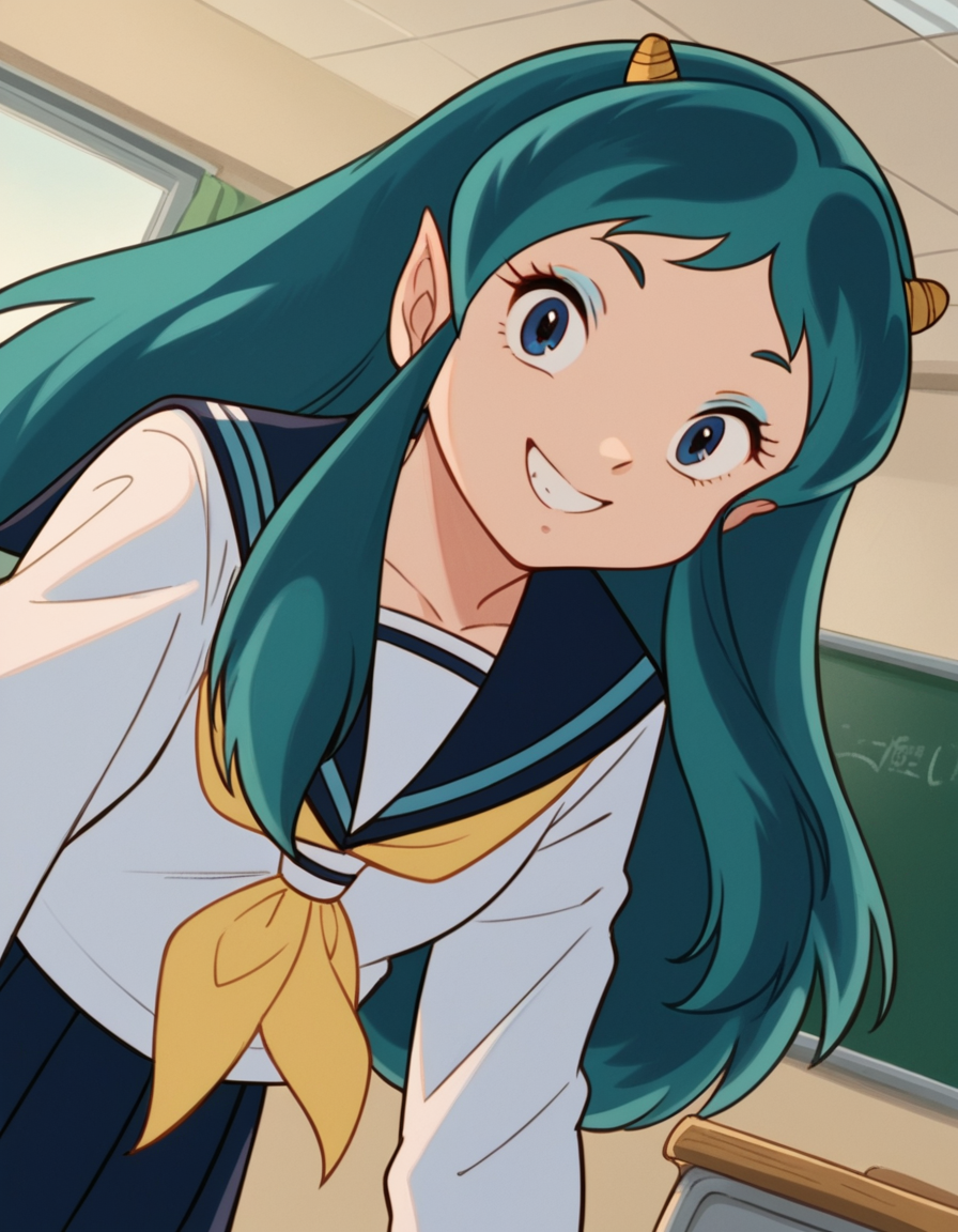 score_9, score_8_up, score_7_up, source_anime,
uruseilum, <lora:lum-anime-classic-ponyxl-lora-nochekaiser:1>
lum, long hair, bangs, blue hair, blue eyes, horns, pointy ears, aqua hair, oni horns, eyeshadow,
shirt, long sleeves, school uniform, serafuku, sailor collar, neckerchief, yellow neckerchief, shirt, blue shirt, blue sailor collar, blue skirt,
indoors, classroom, bent over, smile,
looking at viewer, dutch angle, cowboy shot