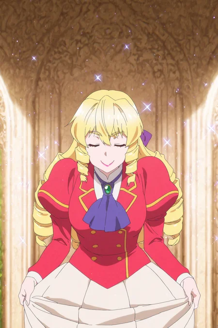 masterpiece, best quality,  absurdres, highres, cinematic light, 1girl,  <lora:grace_auverne:1> grace_wz, blonde hair, long hair, drill hair, drill sidelocks, hair bow, purple bow, lipstick, green eyes, school uniform, red blazer, long skirt, white skirt,  pleated skirt,  blue ascot, puffy sleeves, ringlets, long sleeves, formal clothes, standing, skirt hold, curtsey, closed eyes, c:, architecture, looking at viewer, sparkle,  <lora:anime_screencap-Illustrious_1064755:1> anime screencap, anime coloring