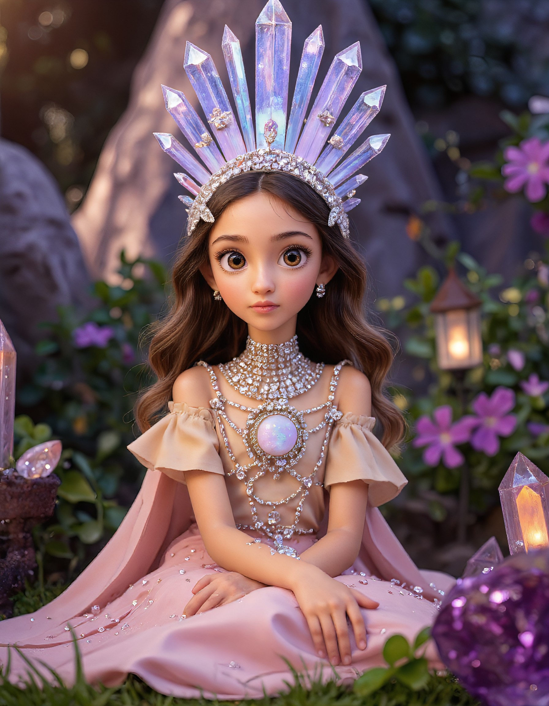 Crystalline Garden Muse. A fantastical and surreal portrait of a young girl styled like a living jewel in NICOLETTA CECCOLIâs whimsical aesthetic. She is seated in a serene, otherworldly garden, with oversized gemstones like quartz and amethyst scattered around her, glowing softly.
Her gown is a couture creation that fuses the organic shapes of crystals and stones with delicate, flowing fabrics, forming a surreal blend of nature and fashion. A towering diadem made of intricately carved opals and sparkling diamonds crowns her head, reflecting faint rainbow hues.
Her expression is serene and wistful, her large doe-like eyes brimming with quiet emotion. The muted pastel palette of the background is complemented by the dazzling brilliance of the gemstones, creating a mesmerizing balance between softness and vibrancy. The lighting evokes a magical, twilight glow, emphasizing her surreal presence., Flux.1 D: Cute 3d Cartoon Flux | V1 | 6 used, Kinomoto Sakura
