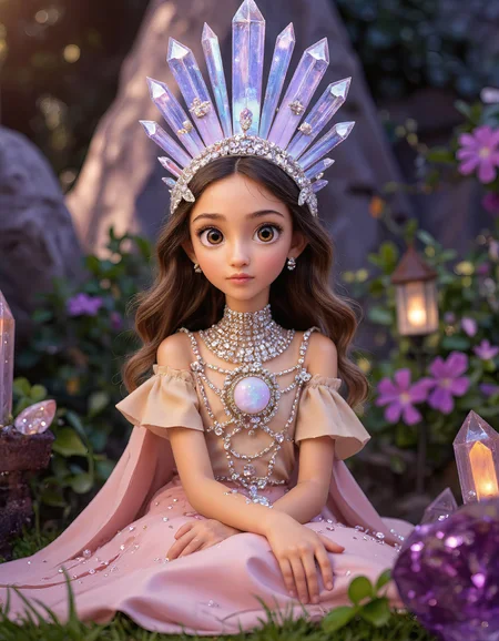 Crystalline Garden Muse. A fantastical and surreal portrait of a young girl styled like a living jewel in NICOLETTA CECCOLIâs whimsical aesthetic. She is seated in a serene, otherworldly garden, with oversized gemstones like quartz and amethyst scattered around her, glowing softly.
Her gown is a couture creation that fuses the organic shapes of crystals and stones with delicate, flowing fabrics, forming a surreal blend of nature and fashion. A towering diadem made of intricately carved opals and sparkling diamonds crowns her head, reflecting faint rainbow hues.
Her expression is serene and wistful, her large doe-like eyes brimming with quiet emotion. The muted pastel palette of the background is complemented by the dazzling brilliance of the gemstones, creating a mesmerizing balance between softness and vibrancy. The lighting evokes a magical, twilight glow, emphasizing her surreal presence., Flux.1 D: Cute 3d Cartoon Flux | V1 | 6 used, Kinomoto Sakura