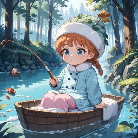 score_9, score_8_up, score_7_up, source_anime,(ultra HD quality details), anime, gnome girl, warm clothes, winter clothes, blanket, leaf hat, sitting inside a tiny boat, leaf boat, fishing, ice fishing, holding fishing rod, calm, concentrated, calm river, partially frozen river, mossy forest,  light snow, (detailed image, high resolution, 5k resolution:1.0), morning light, basukechi_style