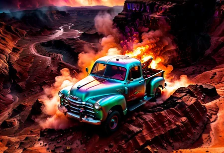 Create a 3d digital ink Aerial Photograph of a lifted Steam punk 1950 Chevy truck, with a huge engine sticking out of the hood, drifting through a canyon on Mars. The truck's smoke and fire trails are billowing behind it. The red planet's unique terrain and an electroluminescent multi- colored nebula is visible in the background, including the towering canyon walls and a vast, electroluminescent multi-colored nubula. The image is captured in 8K UHD resolution, with high-quality details such as the iridescent copper hyper detailed paint job and sharp edges visible. The photo was taken with a DSLR camera, using vibrant lighting to highlight the car's curves and contours. subtle color grading enhance the image's cinematic quality.