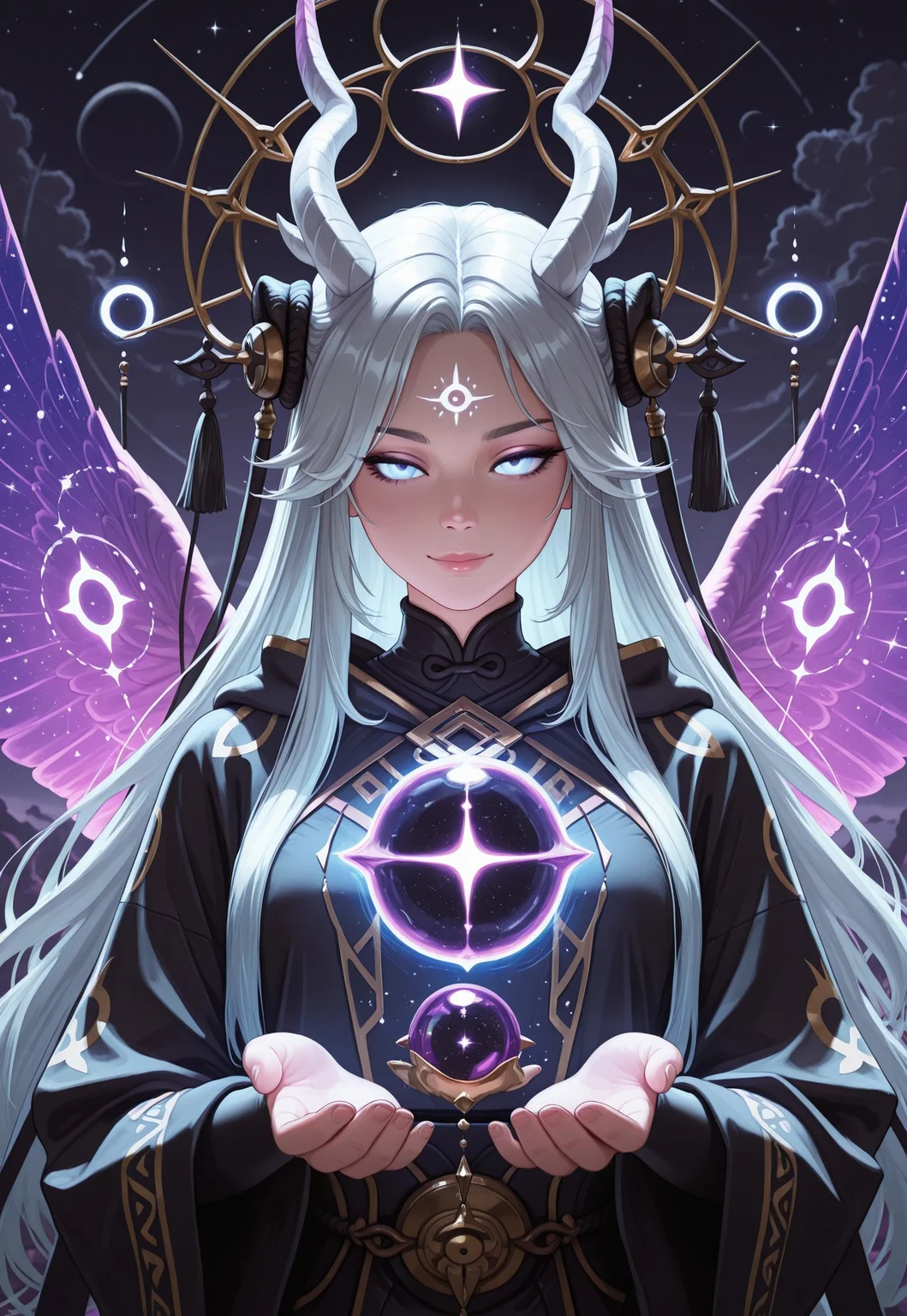 score_9, score_8_up, score_7_up, 1girl, solo, celestial guardian, ethereal robes with shimmering fabric and intricate celestial patterns, radiant staff with a glowing crystal orb at the top and celestial runes along the shaft, flowing silver hair adorned with star-shaped pendants, realistic, cinematic angle, cinematic lighting, graceful body, serene face, glowing violet eyes, protective pose
BREAK
standing on a floating island in the sky
BREAK
source_fantasy_art, rating_explicit, expressive, full body, elegant pose
BREAK
detailed beautiful background, breathtaking skyscape with floating islands and distant clouds, lush gardens with luminescent plants and crystalline formations, celestial creatures such as winged unicorns and star-shaped beings, distant galaxies and constellations, ethereal atmosphere with a sense of wonder and protection
<lora:Expressive_H:0.6>Expressiveh, (SimplepositiveXLv1:1.3), (upper body, full clothed:1.85) ((masterpiece)) (ultra realistic, 32k, masterpiece:1.2), (high detailed skin:1.1), (high quality:1.1) (((full clothed))) <lora:DandonFuga_Style_v.2_-_Pony:0.8>
<lora:add-detail-xl:1>
<lora:Dynamic Poses:1>