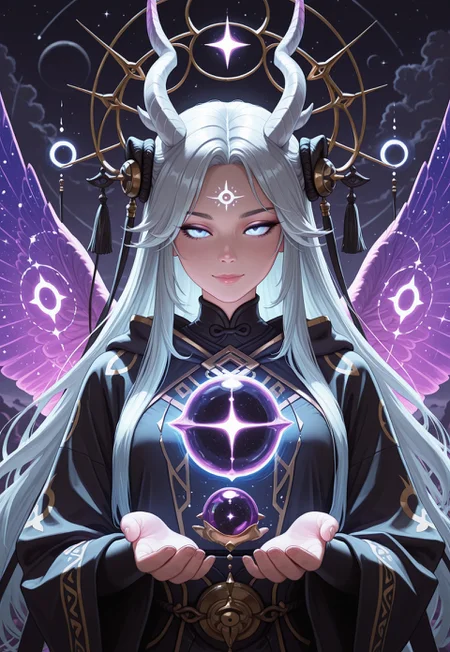score_9, score_8_up, score_7_up, 1girl, solo, celestial guardian, ethereal robes with shimmering fabric and intricate celestial patterns, radiant staff with a glowing crystal orb at the top and celestial runes along the shaft, flowing silver hair adorned with star-shaped pendants, realistic, cinematic angle, cinematic lighting, graceful body, serene face, glowing violet eyes, protective pose
BREAK
standing on a floating island in the sky
BREAK
source_fantasy_art, rating_explicit, expressive, full body, elegant pose
BREAK
detailed beautiful background, breathtaking skyscape with floating islands and distant clouds, lush gardens with luminescent plants and crystalline formations, celestial creatures such as winged unicorns and star-shaped beings, distant galaxies and constellations, ethereal atmosphere with a sense of wonder and protection
<lora:Expressive_H:0.6>Expressiveh, (SimplepositiveXLv1:1.3), (upper body, full clothed:1.85) ((masterpiece)) (ultra realistic, 32k, masterpiece:1.2), (high detailed skin:1.1), (high quality:1.1) (((full clothed))) <lora:DandonFuga_Style_v.2_-_Pony:0.8> 
<lora:add-detail-xl:1> 
<lora:Dynamic Poses:1>