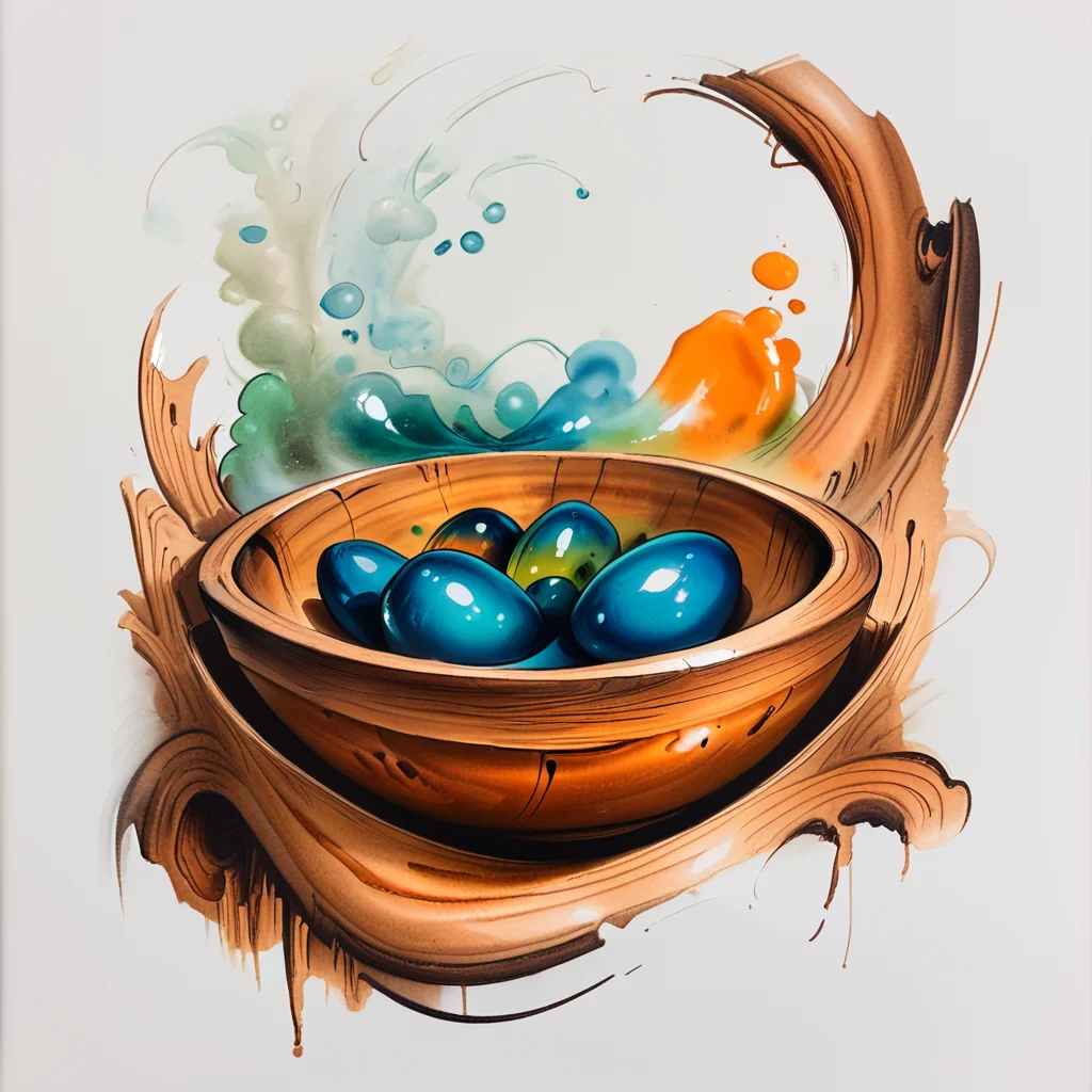 Score_9, score_8_up, score_7_up, score_6_up, BREAK <lora:Expressive_Watercolor_Ink_washPony:1> ArsMJStyle, Expressive Watercolor Ink Wash, The image is a watercolor illustration of a wooden bowl filled with three blue and green spheres. The bowl is made of light-colored wood and has a smooth surface. The spheres are arranged in a circular pattern with the largest sphere in the center and the two smaller spheres on either side. The background is white and there are splashes of blue and orange paint scattered around the bowl. The overall color scheme of the image is warm and earthy with shades of brown orange and blue., no humans, white background, simple background, traditional media, blue eyes, steam, still life