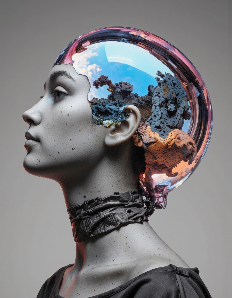 Delirium style. The image is a highly stylized, digital artwork featuring a futuristic, surreal portrait of a woman's head and shoulders. The woman's face and neck are depicted in a realistic, grayish tone, with subtle freckles and a serene expression. Her hair is styled in a sleek, modern cut, with the top of her head replaced by a reflective, metallic dome. This dome is a shiny, iridescent surface that reflects a gradient of blue and pink hues, giving it a futuristic, otherworldly appearance. <lora:Bonafida.Studio:1>