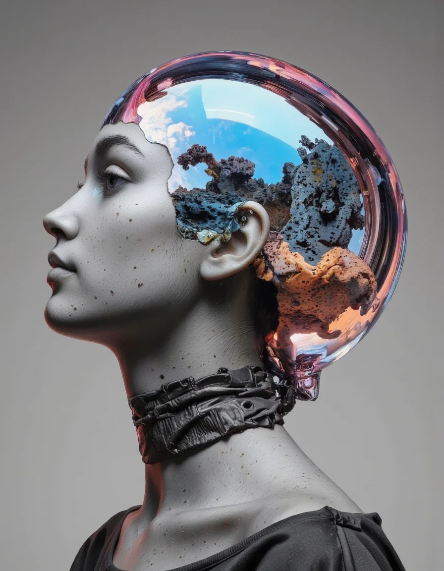 Delirium style. The image is a highly stylized, digital artwork featuring a futuristic, surreal portrait of a woman's head and shoulders. The woman's face and neck are depicted in a realistic, grayish tone, with subtle freckles and a serene expression. Her hair is styled in a sleek, modern cut, with the top of her head replaced by a reflective, metallic dome. This dome is a shiny, iridescent surface that reflects a gradient of blue and pink hues, giving it a futuristic, otherworldly appearance. <lora:Bonafida.Studio:1>