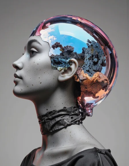 Delirium style. The image is a highly stylized, digital artwork featuring a futuristic, surreal portrait of a woman's head and shoulders. The woman's face and neck are depicted in a realistic, grayish tone, with subtle freckles and a serene expression. Her hair is styled in a sleek, modern cut, with the top of her head replaced by a reflective, metallic dome. This dome is a shiny, iridescent surface that reflects a gradient of blue and pink hues, giving it a futuristic, otherworldly appearance. <lora:Bonafida.Studio:1>