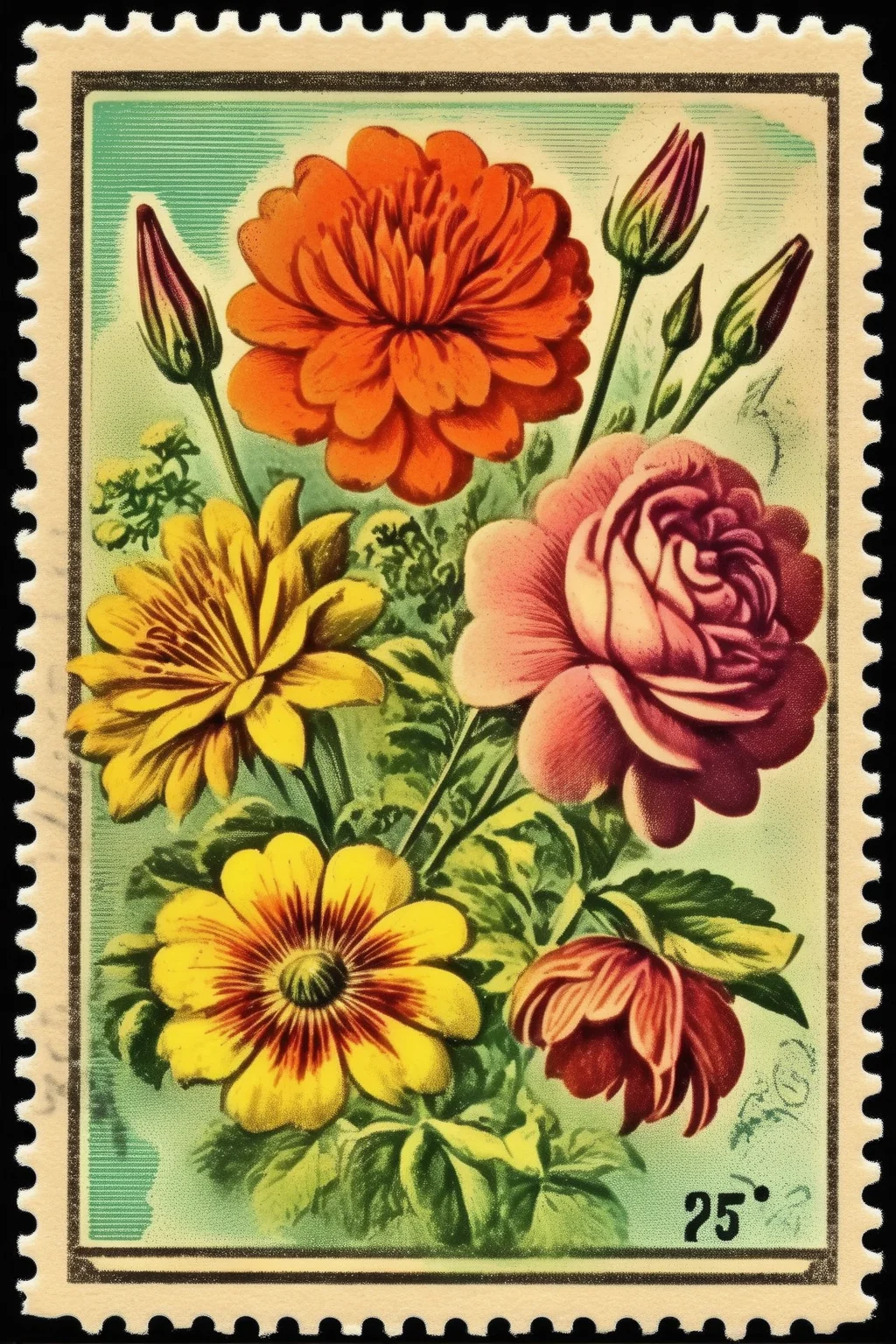 <lora:Vintage Postage Stamps:1>Vintage Postage Stamps - Beautiful vintage flowers colorful postage stamp
