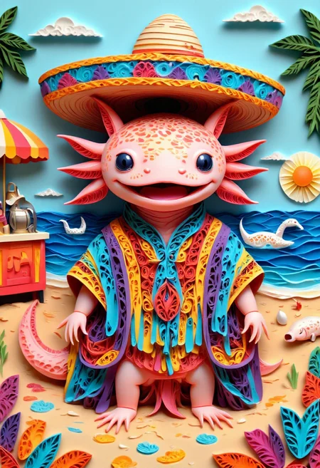 Paper quilling, layered paper of a 2d depiction of pink axolotl wearing a sombrero and colorful poncho with blue red and yellow designs, the axolotl has black eyes and frilly gills, detailed paper crafted background of a festive beach background with concession stands
