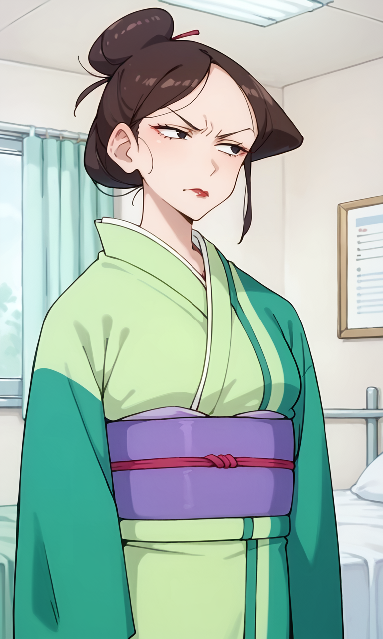 (1girl:1.5), (solo:1.3), (score_9, score_8_up, score_7_up, score_6_up, score_5_up, score_4_up), (source_anime), rating_questionable, (portrait:1.3), indoors, hospital, (smirk:1.3), 
 <lora:matsuzaka-matsu_v2:1> (matsuzaka-matsu), (frown:1.3), (black eyes, eyelashes, dark brown hair, single hair bun, red lips), (green kimono, purple obi, huge breasts), red pouch,
(looking away:1.3)