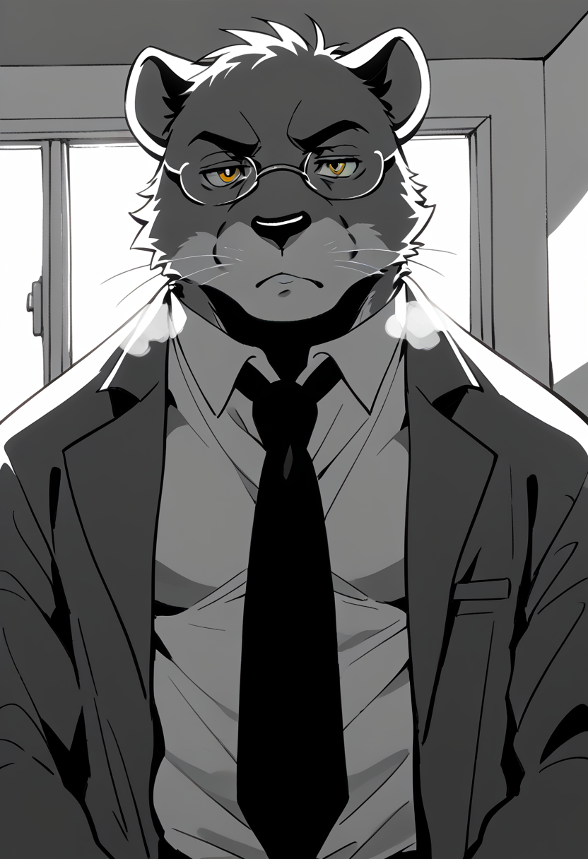 score_9, score_8_up, score_7_up, high quality, hires, by fruitz, furry, male, panther, solo, detective coat, rimless glasses, open clothing, tie pull, open shirt, yellow eyes, standing, three quarters, looking at viewer, serious, breath, monochrome, inside, close up, <lora:Fruitz_style:1.2>