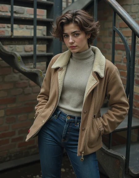 a girl with sexy pose,Short curly pixie cut,Silver,dressed in a cozy sherpa jacket over a turtleneck and skinny jeans,Spiral staircase in an old building,(intricate details masterpiece best quality),Fujichrome Provia 100F,soft light