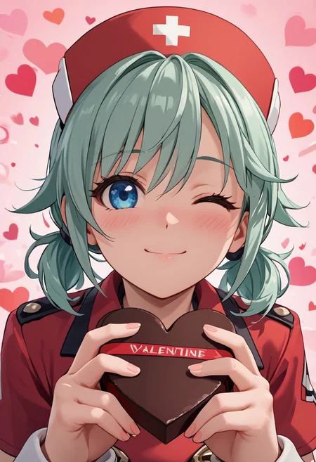 score_4,score_5,score_6,score_7_up,score_8_up,score_9 ((masterpiece,best quality,ultra detailed,highres,HD,4k:1.2)),
1girl, solo,solo focus,girl focus,face focus,
Lola(Healing),blue eyes,green hair, short hair, low twintails, hair between eyes, bangs, red nurse cap, red headwear,
pov,from the front, front view, front angle,
Happy Valentine's Day, Valentine's chocolate, holding wrapped chocolate,
heart background,
blush,((wink:1.1)), smile, happy, shy,closed mouth,