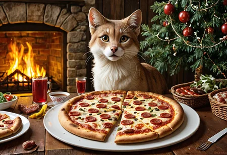 score_9, score_8_up, score_7_up, score_6_up, score_5_up, score_4_up, fur, animal, g5, rich colors, front view, detailed background, detailed, 8k quality, side view, beautiful, teasing, freely actions, small, sausage tree, flying pizza like a marten, pizza,