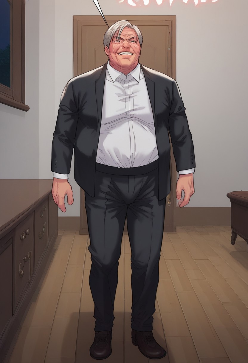 score_9, score_8_up, score_8_up, 1boy (old man, wearing black suit, white collared shirt underneath), man standing in doorway, lit doorway, door slamming open, wooden brown door, full body view, man smirking, man opening door, badass, solo male, close up on mans face, high resolution, man looking down at viewer, man evil expression, close up, zoom on face,
indoor setting, indoors,night,carpet,stage,stripper pole,curtains,table,l
pink theme,pink light,pink neon stage, gothicPXL