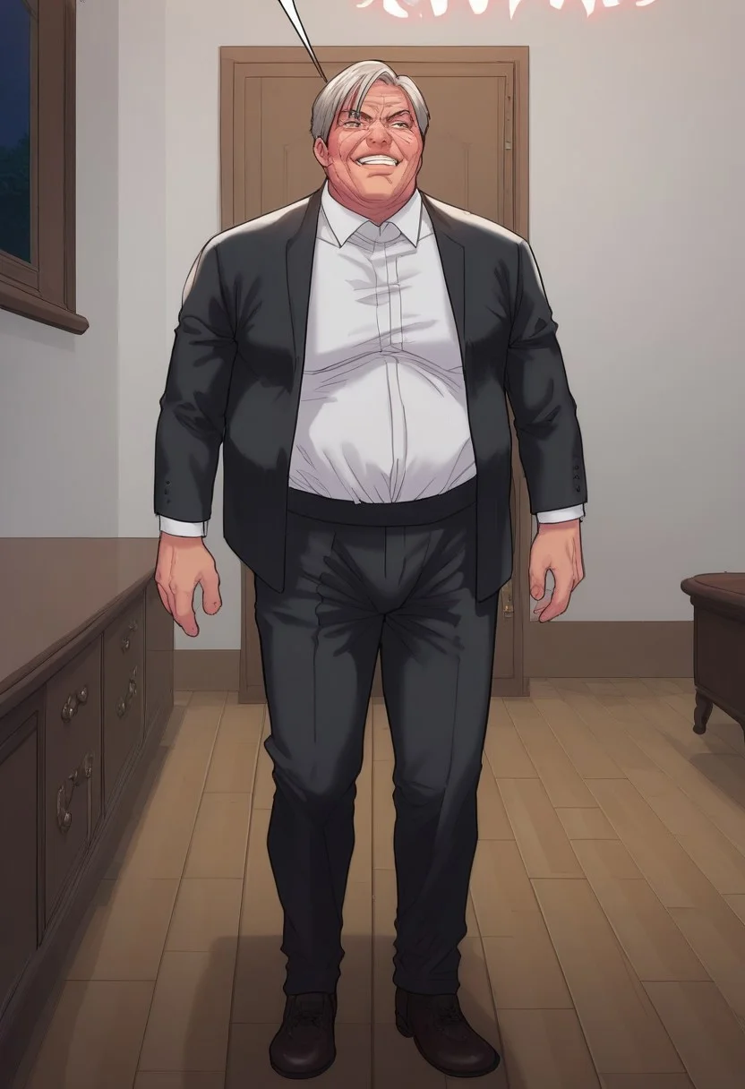 score_9, score_8_up, score_8_up, 1boy (old man, wearing black suit, white collared shirt underneath), man standing in doorway, lit doorway, door slamming open, wooden brown door, full body view, man smirking, man opening door, badass, solo male, close up on mans face, high resolution, man looking down at viewer, man evil expression, close up, zoom on face,
indoor setting, indoors,night,carpet,stage,stripper pole,curtains,table,l
pink theme,pink light,pink neon stage, gothicPXL