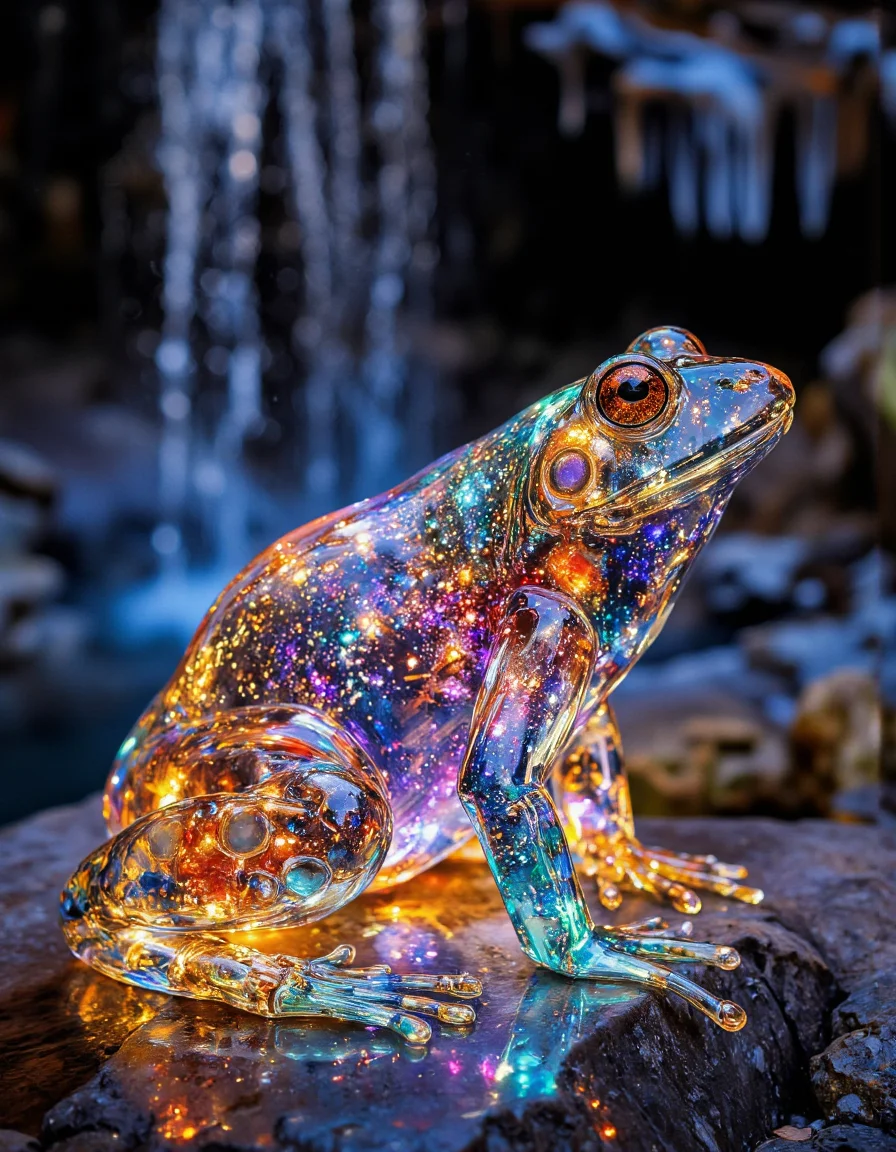 a beautiful translucent glass frog that glows within, glowing lights, beautiful waterfall, made out of transparent delicate glass, magical sparkles, vibrant whimsical colors, magnificent, celestial, ethereal, painterly, epic, majestic, magical, fantasy art, cover art, dreamy, graphic illustration, comic art, graphic novel art, vibrant, highly detailed