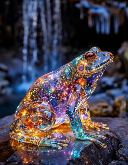 a beautiful translucent glass frog that glows within, glowing lights, beautiful waterfall, made out of transparent delicate glass, magical sparkles, vibrant whimsical colors, magnificent, celestial, ethereal, painterly, epic, majestic, magical, fantasy art, cover art, dreamy, graphic illustration, comic art, graphic novel art, vibrant, highly detailed
