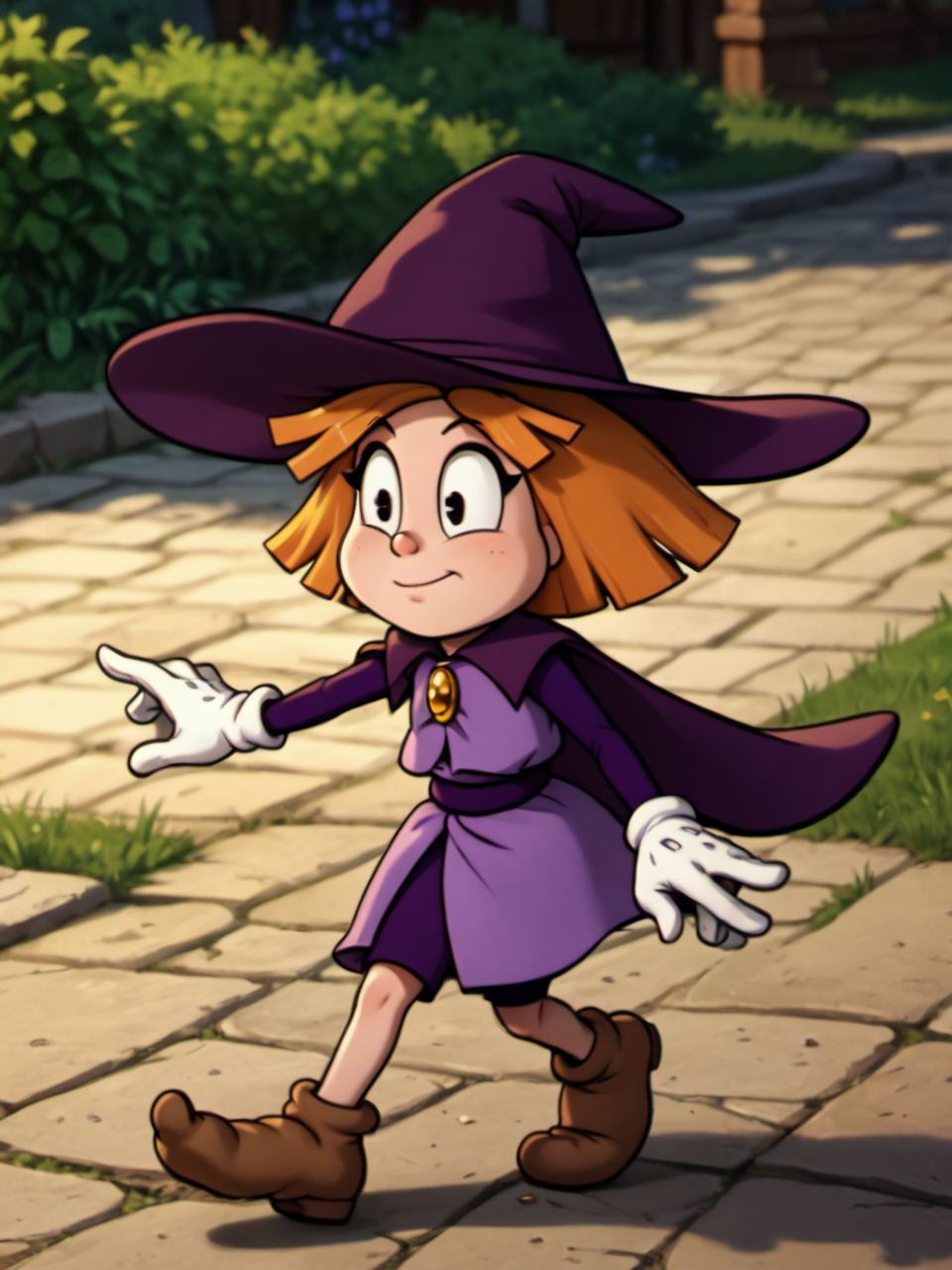 score_9, score_8_up, score_7_up,  score_6_up, BREAK, P3nny, 1girl, solo, orange hair, short hair, witch hat, purple hat, black eyes, purple dress, purple cape, purple pantihouse, white gloves, brown footwear,  <lora:Penny-000009:1>
