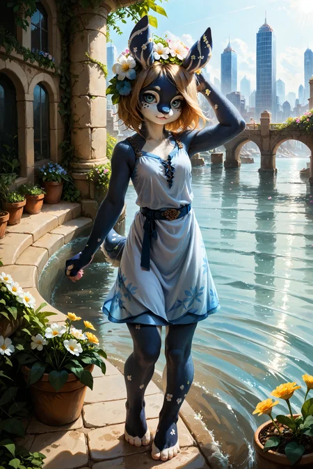 score_9, score_8_up, score_8_up, BREAK,   1girl, solo, melusine, straight ears, blue skin, Stubby tail, (short:1.5),  dress, barefoot, look at viewer, flower on head, belt,  natural lighting, city, water, sunny day,