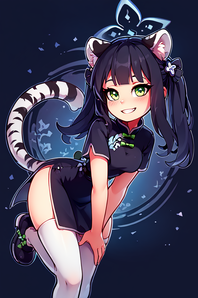 score_9, score_8_up, score_8, medium breasts, (curvy), cute, eyelashes,       BREAK, , ,,,  zzShun, green eyes, black hair, blunt bangs, long hair, animal ears, tiger ears, halo, animal ear fluff, twintails, tiger girl, extra ears, black dress, black footwear, china dress, shoes, short sleeves, white thighhighs,  (leaning forward, foreshortening), <lora:Shun_BlueArchive_PDXL_v2:0.8>,  ,,,  , BREAK, smile, looking at viewer, ,,, abstract background, white outline, cowboy shot, ,,, embedding:zPDXL, Expressiveh, ,,, <lora:theOtherHalfPDXL:0.8>, <lora:CatalystStylePDXL:0.6>, <lora:SDXLFaeTastic2400:0.5>, <lora:Expressive_H-000001:0.4>,