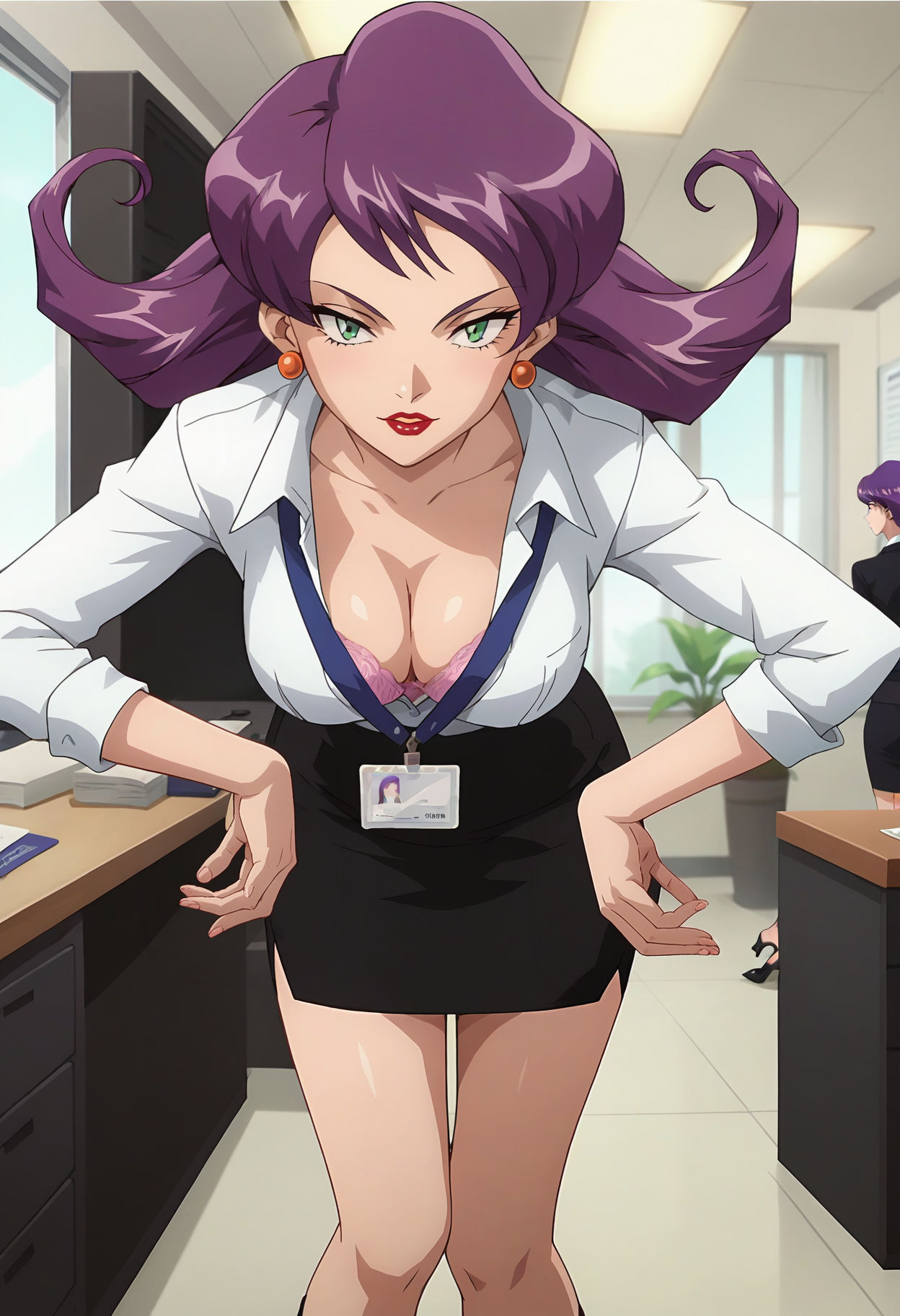 score_9, score_8_up, score_7_up, score_6_up, <lora:PMMiyamoto:0.8>, PMMiyamoto, team rocket, floating hair, purple hair, bangs, green eyes, orange earrings, aged up,
<lora:xRandomGirl10:0.5>, RandomGirl10, red lips, 
office lady, light blue shirt, cleavage, pink bra, underwear, blue lanyard, id card, black skirt, pencil skirt, black high heels,
leaning forward, looking at viewer, standing, anime screencap, anime coloring, 
BREAK indoors,